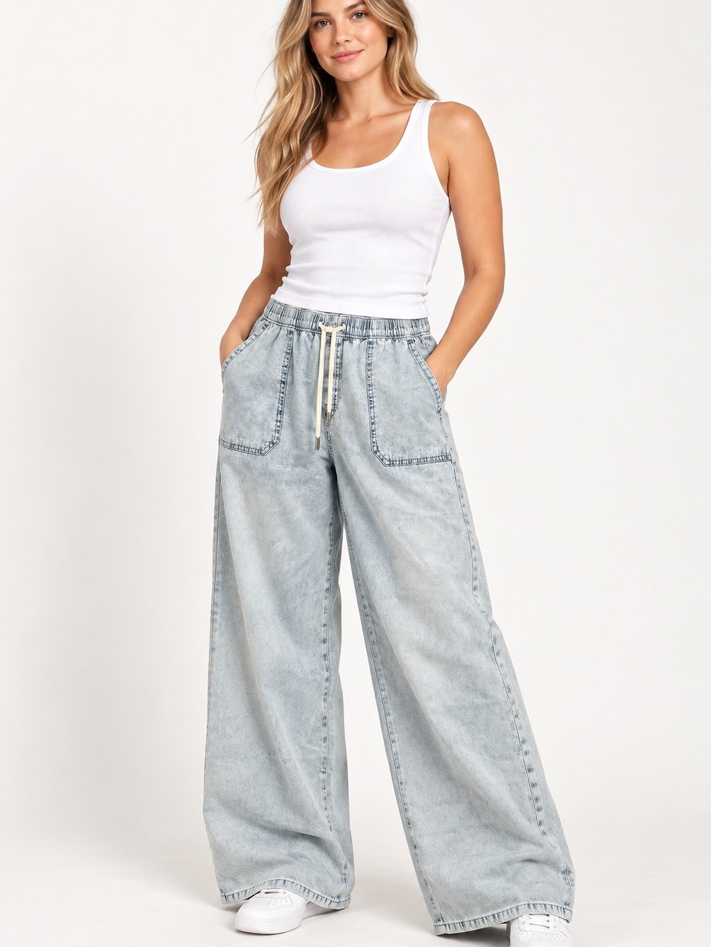 MICHAEL Michael Kors Wide Leg Pull On Pants Light Wash Size L